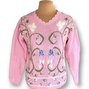 Vintage 90s Embroidered Floral Sweater Pink Scalloped Neck Cottage Flower Knit